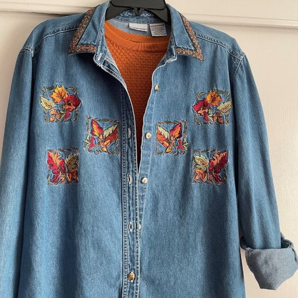 Cabin Creek Tops - Vintage Cabin Creek Fall Embroidered Denim Blue Button Down Shacket Shirt Top M